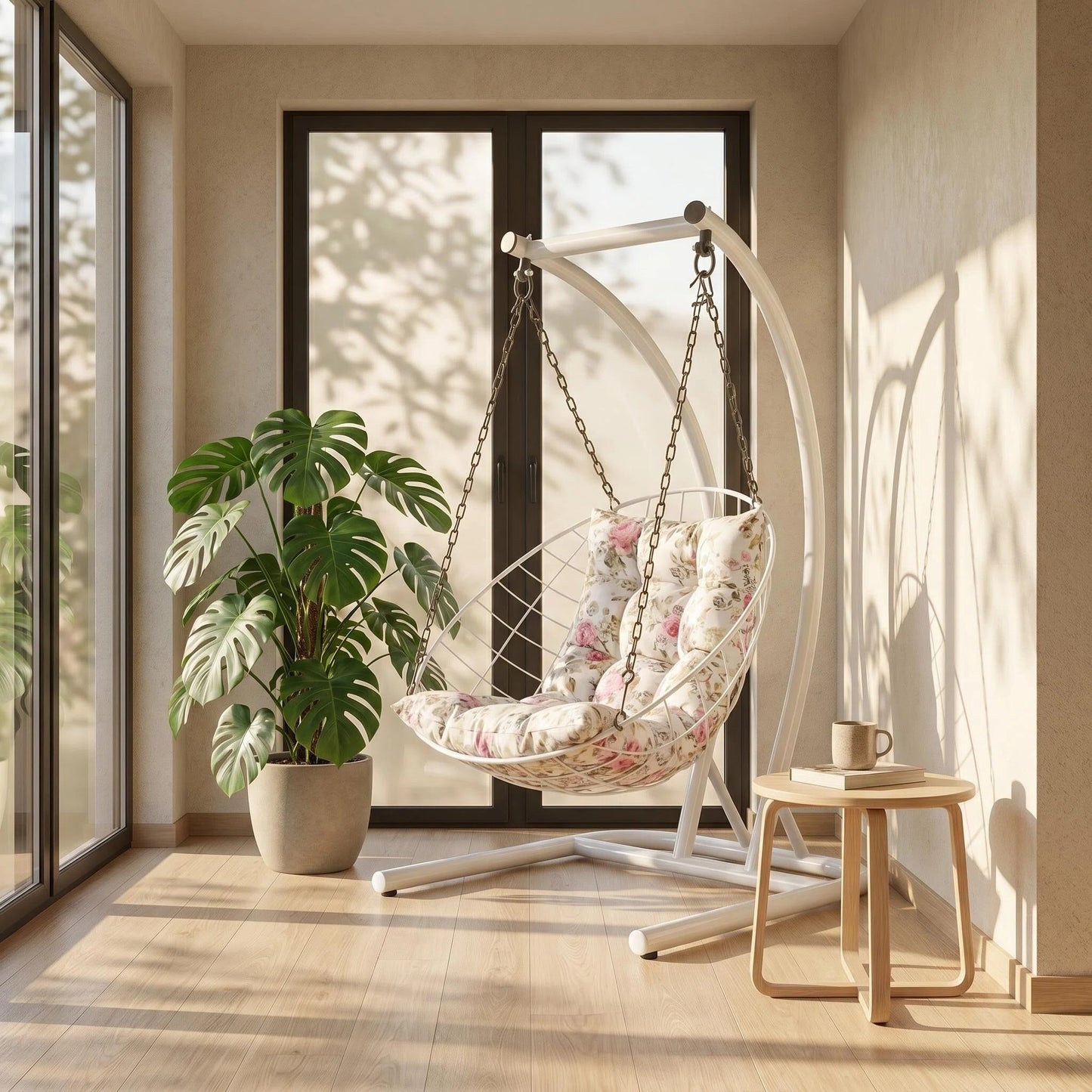 Freestanding Egg Swing Chair with Floral Cushion, Indoor/Outdoor Hanging Hammock Chair
