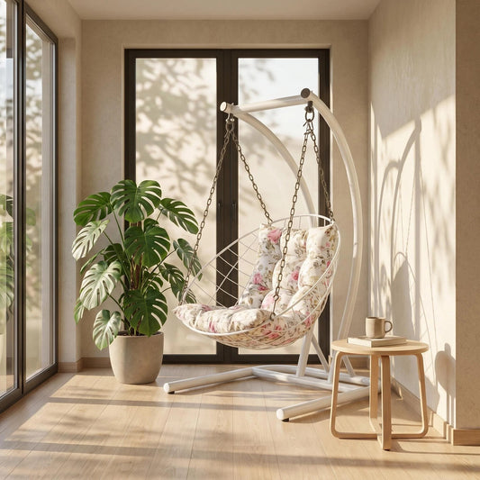 Freestanding Egg Swing Chair with Floral Cushion, Indoor/Outdoor Hanging Hammock Chair