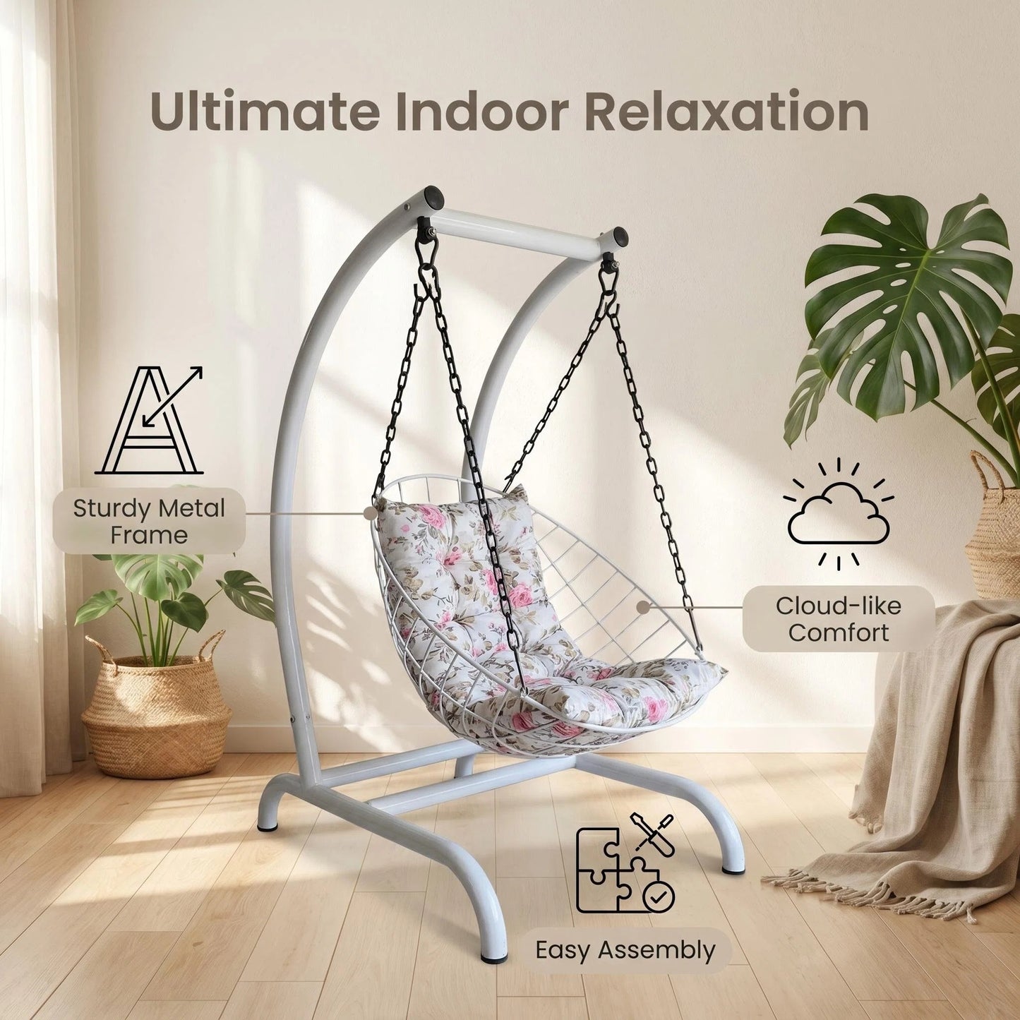 Freestanding Egg Swing Chair with Floral Cushion, Indoor/Outdoor Hanging Hammock Chair