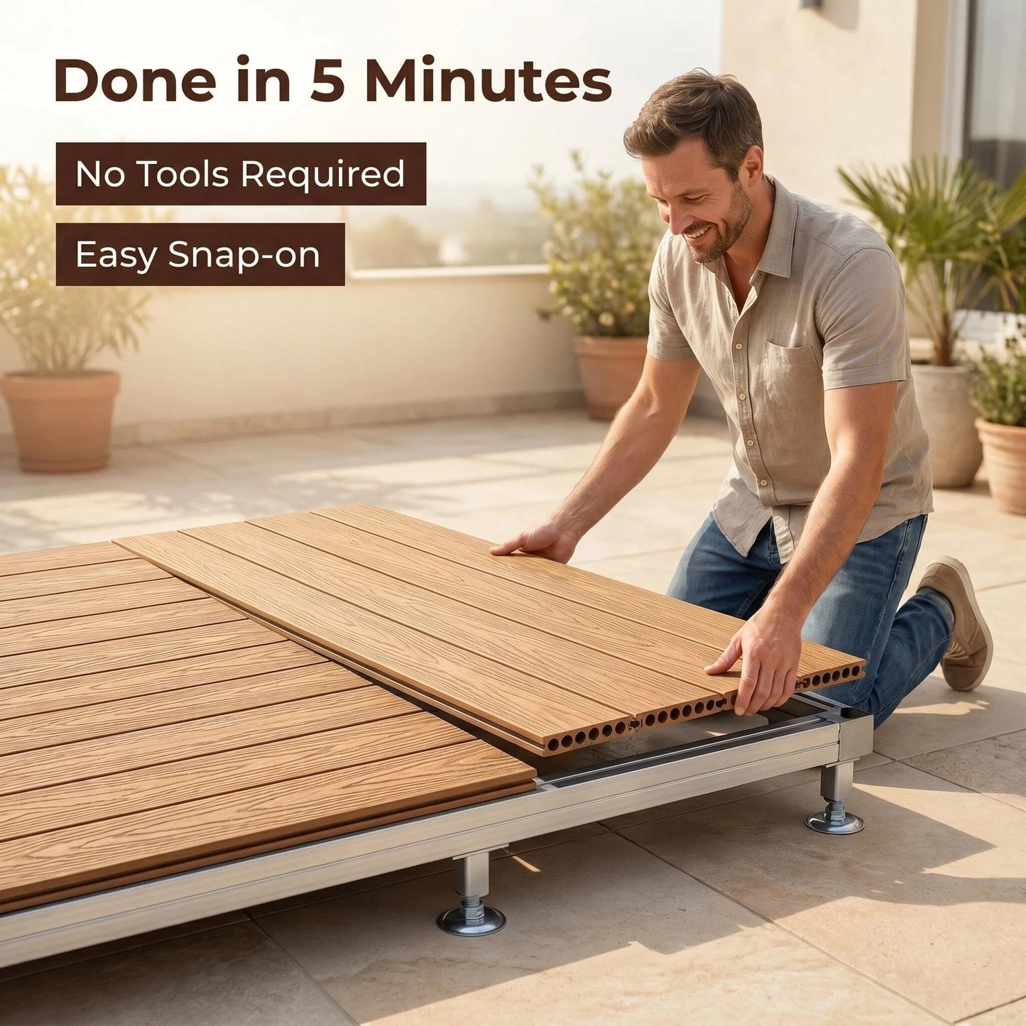 Premium WPC Outdoor Decking Boards with Adjustable Pedestal Supports, Quick-Install Patio Deck System