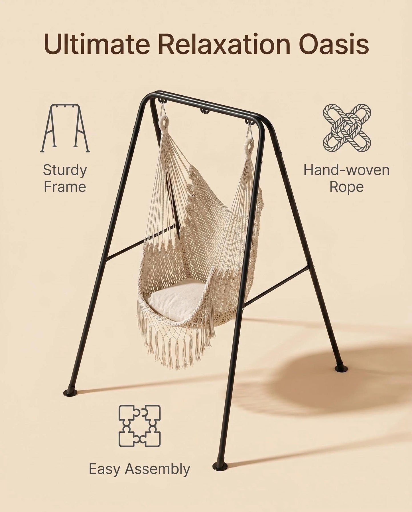 Freestanding Macrame Hammock Chair with Stand, Indoor/Outdoor Hanging Swing Chair