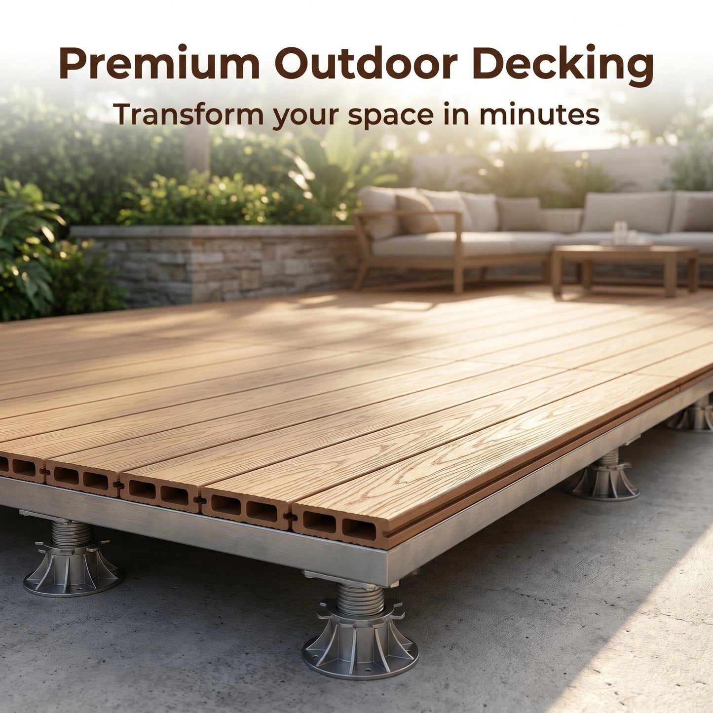 Premium WPC Outdoor Decking Boards with Adjustable Pedestal Supports, Quick-Install Patio Deck System