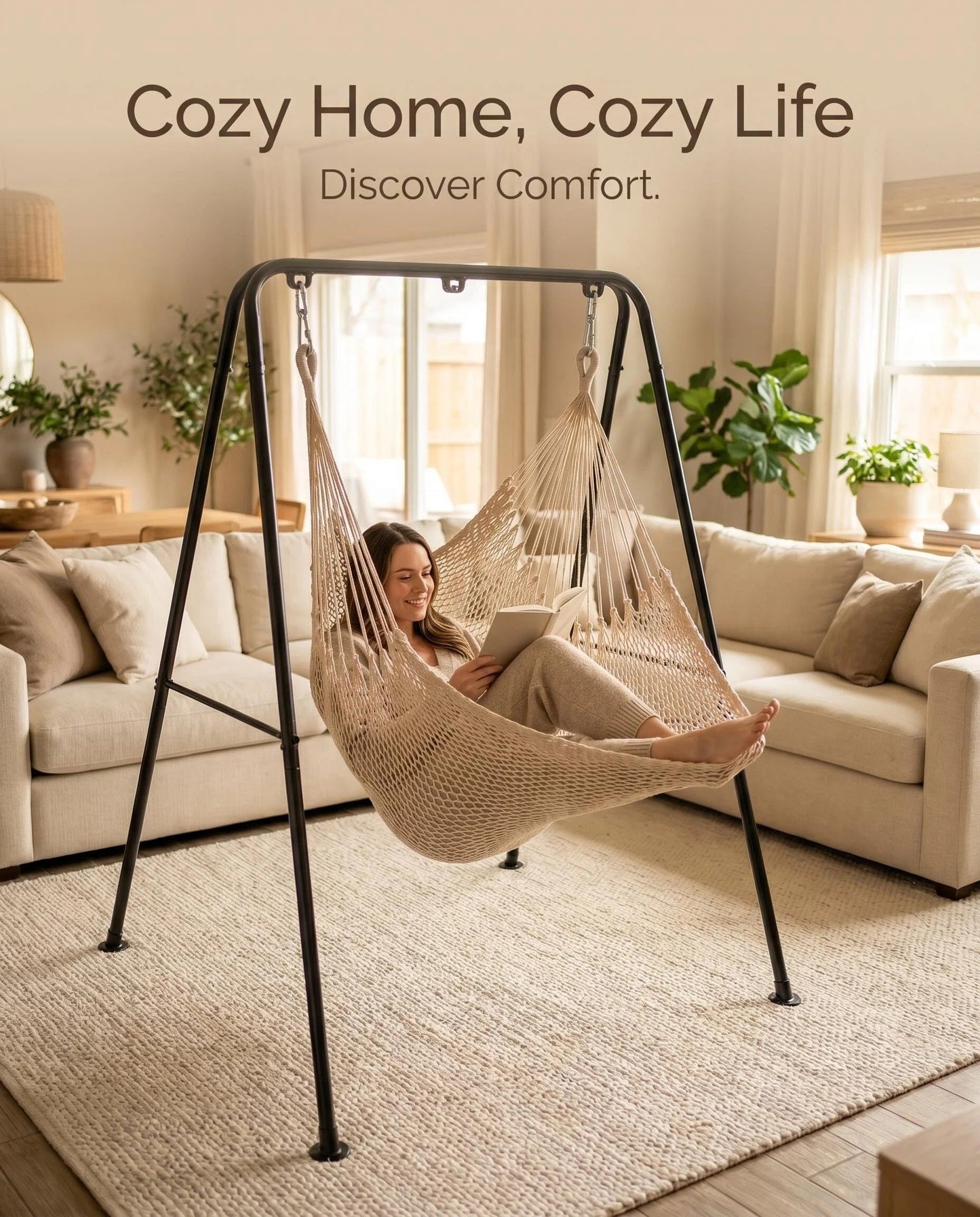 Freestanding Macrame Hammock Chair with Stand, Indoor/Outdoor Hanging Swing Chair
