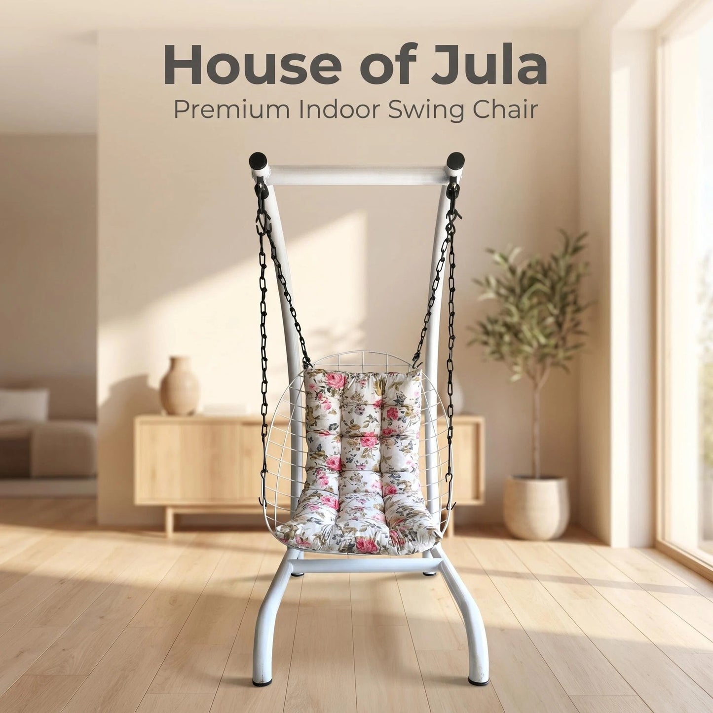 Freestanding Egg Swing Chair with Floral Cushion, Indoor/Outdoor Hanging Hammock Chair