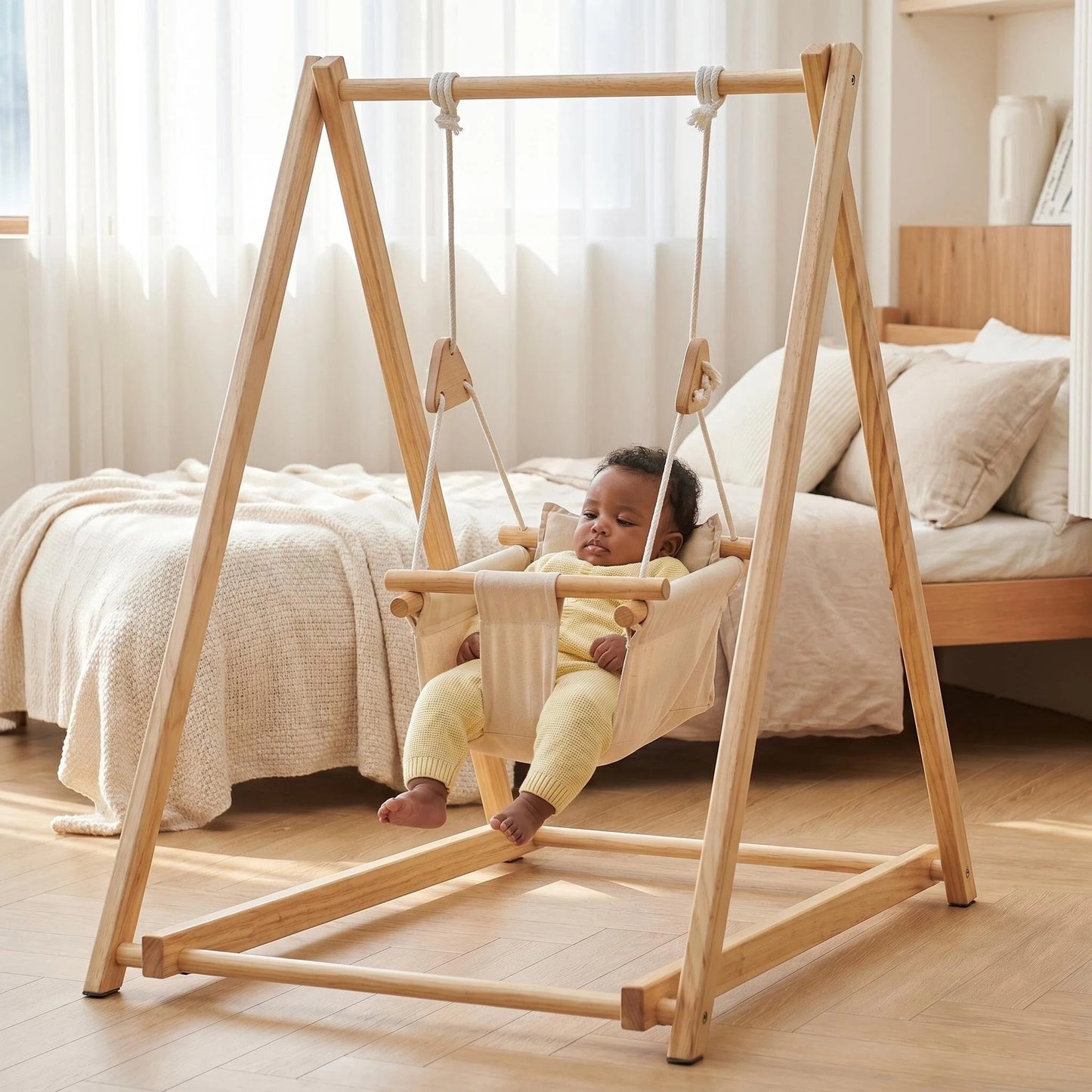Wooden Baby Swing with Stand, Indoor Toddler Swing Set for Infants & Babies
