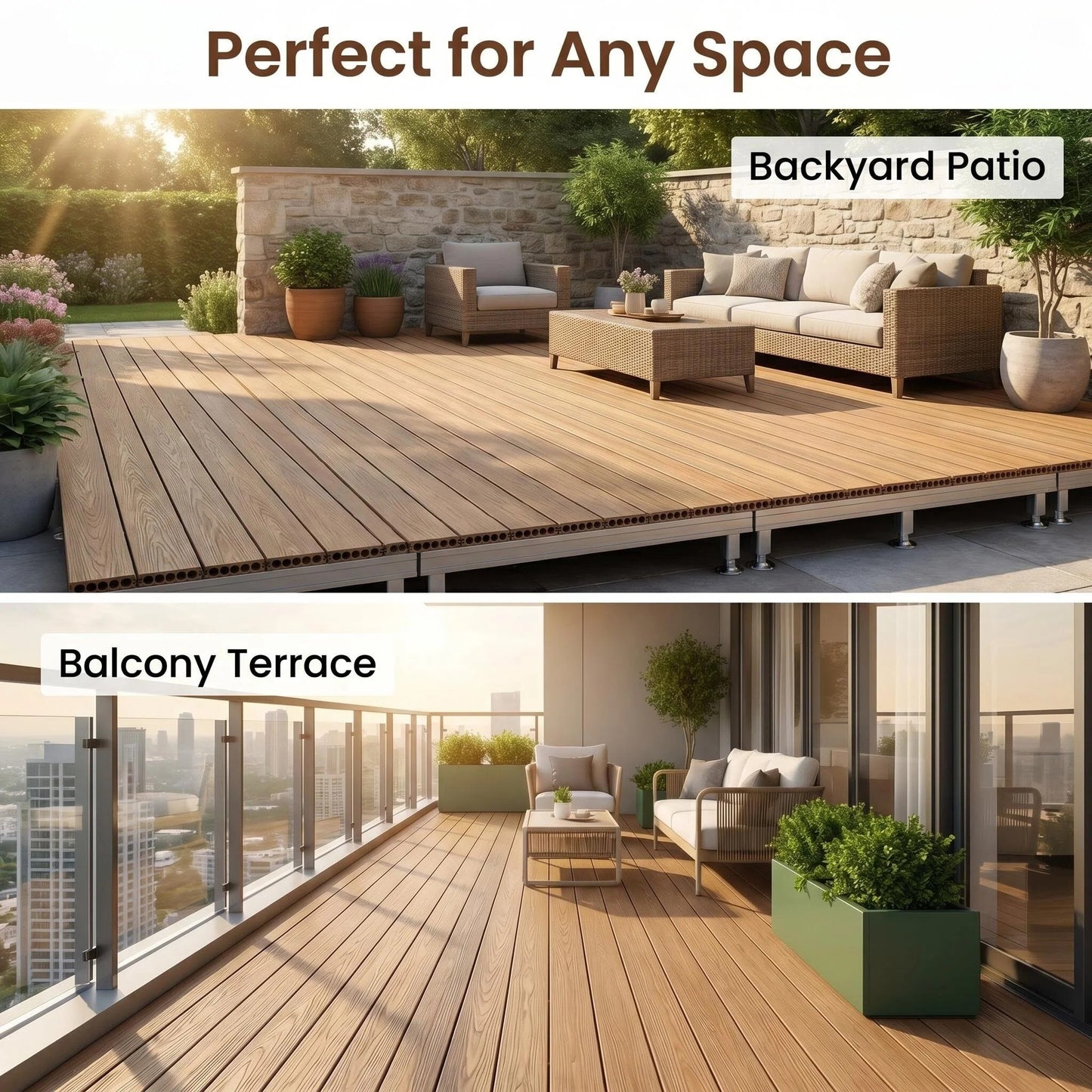 Premium WPC Outdoor Decking Boards with Adjustable Pedestal Supports, Quick-Install Patio Deck System