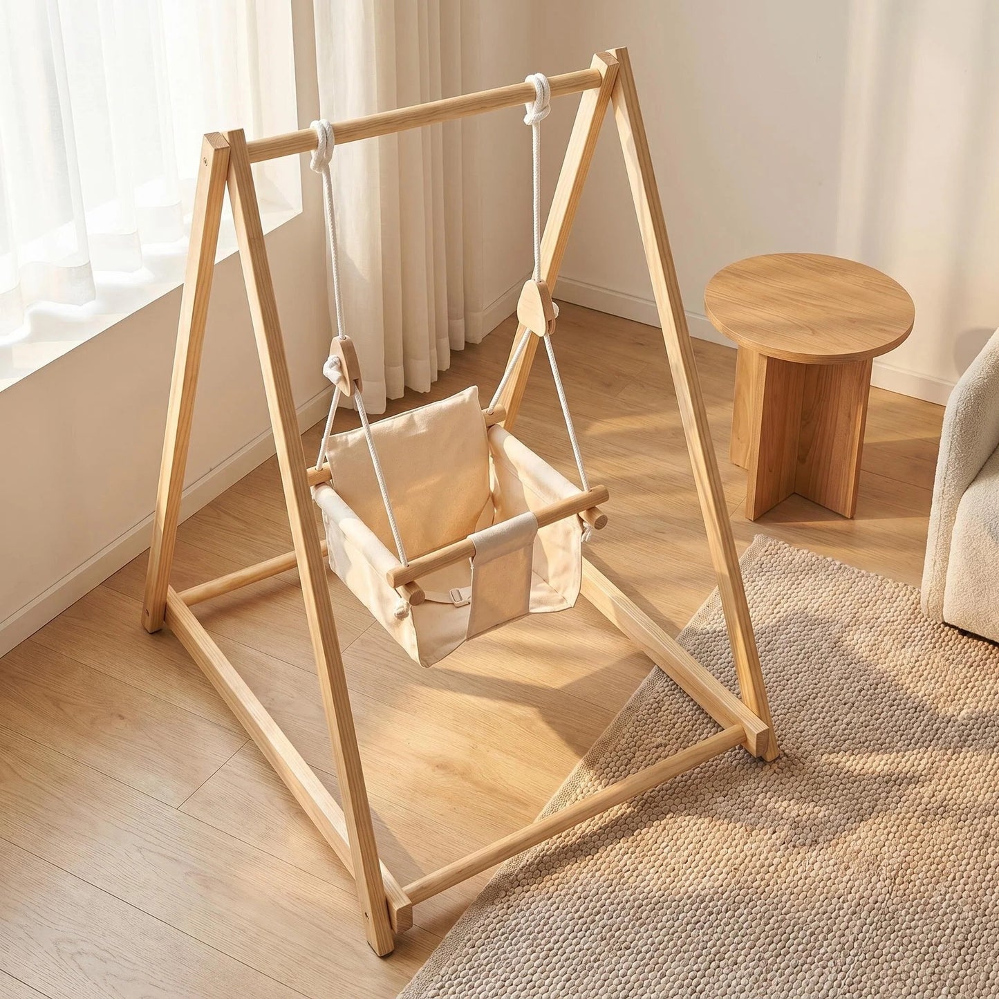 Wooden Baby Swing with Stand, Indoor Toddler Swing Set for Infants & Babies
