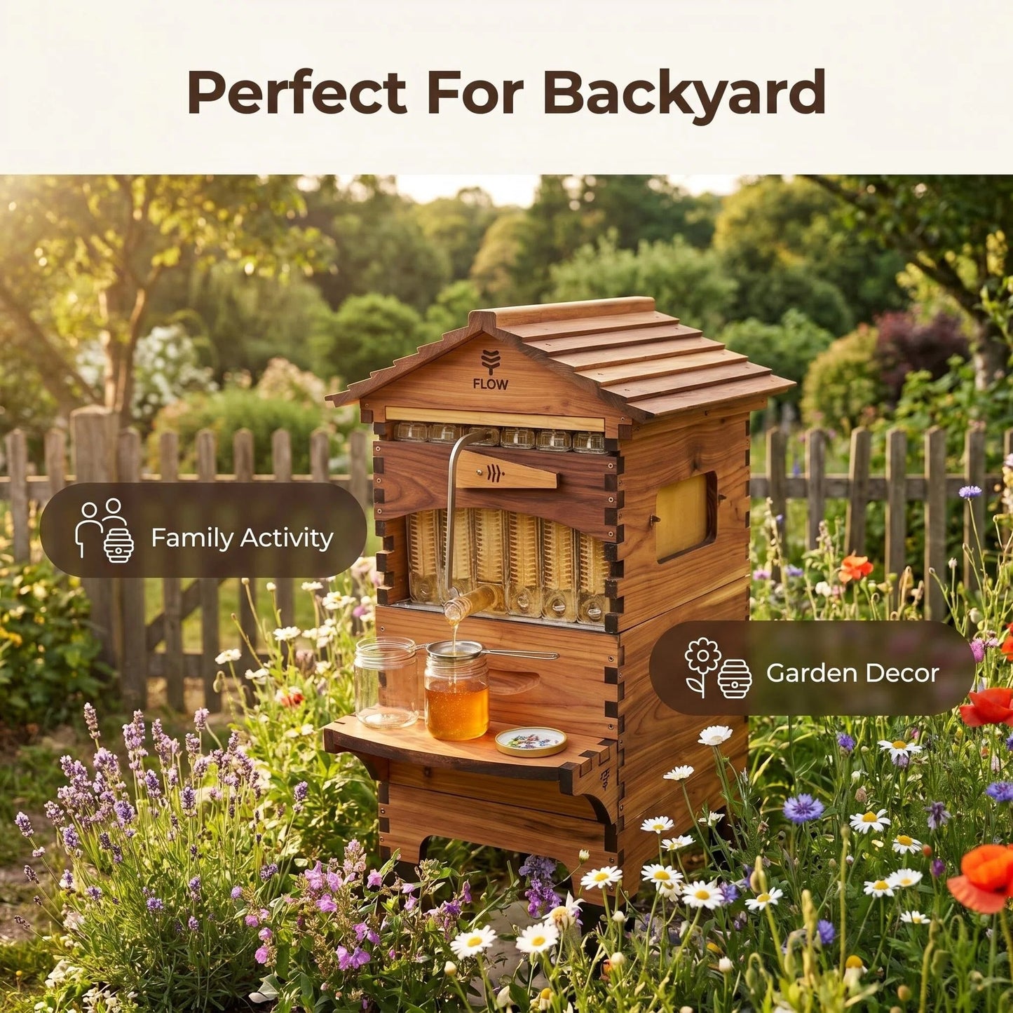 Pure Flow Wooden Beehive, Self-Harvest Honey Flow Hive Box for Backyard Beekeeping