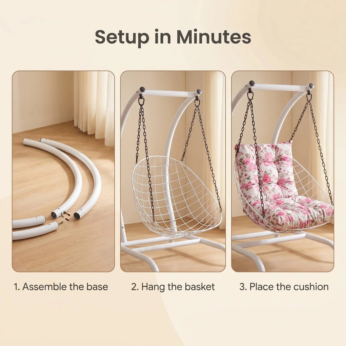 Freestanding Egg Swing Chair with Floral Cushion, Indoor/Outdoor Hanging Hammock Chair