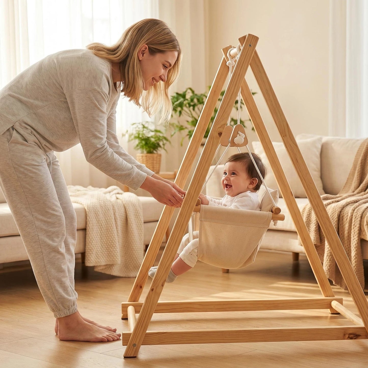 Wooden Baby Swing with Stand, Indoor Toddler Swing Set for Infants & Babies