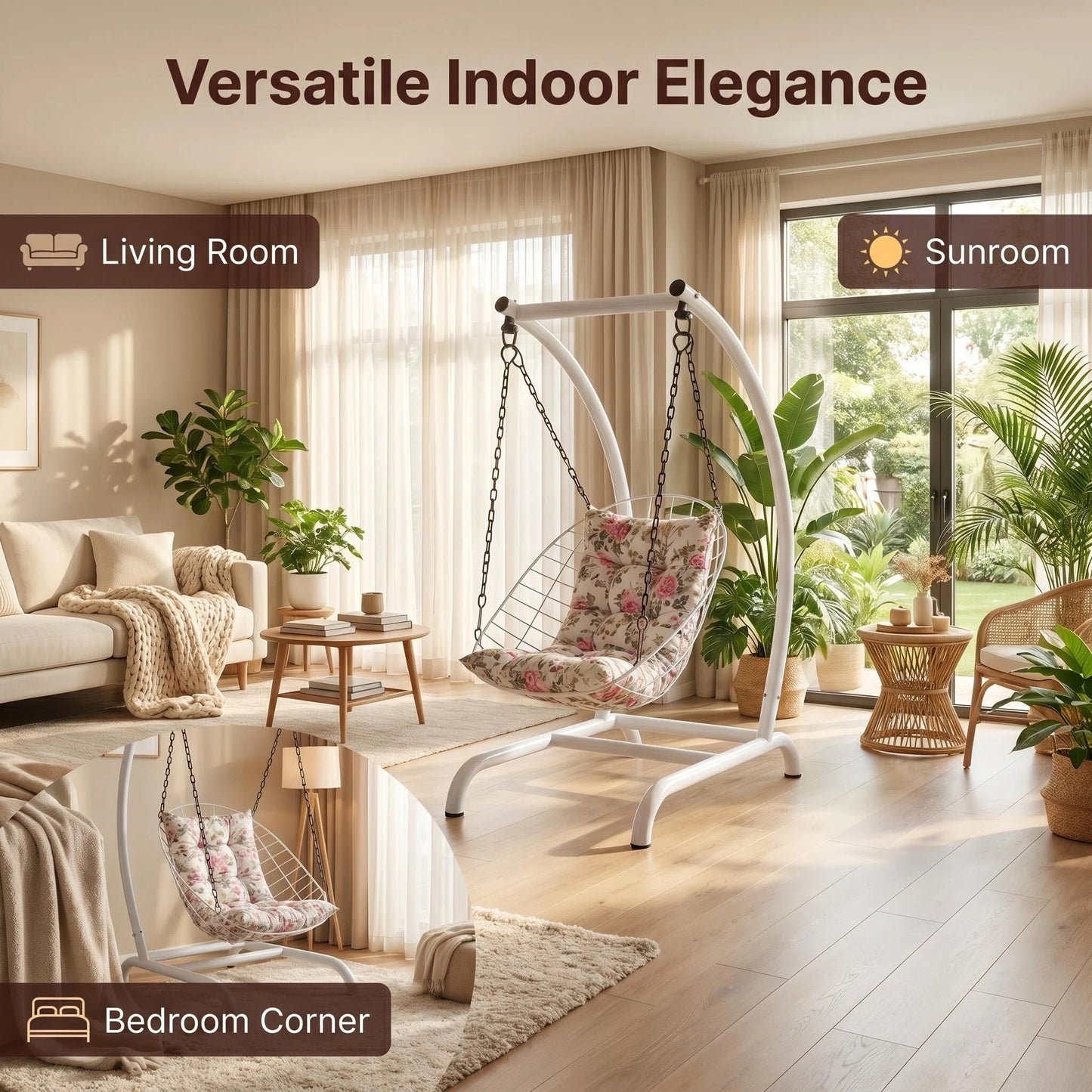 Freestanding Egg Swing Chair with Floral Cushion, Indoor/Outdoor Hanging Hammock Chair