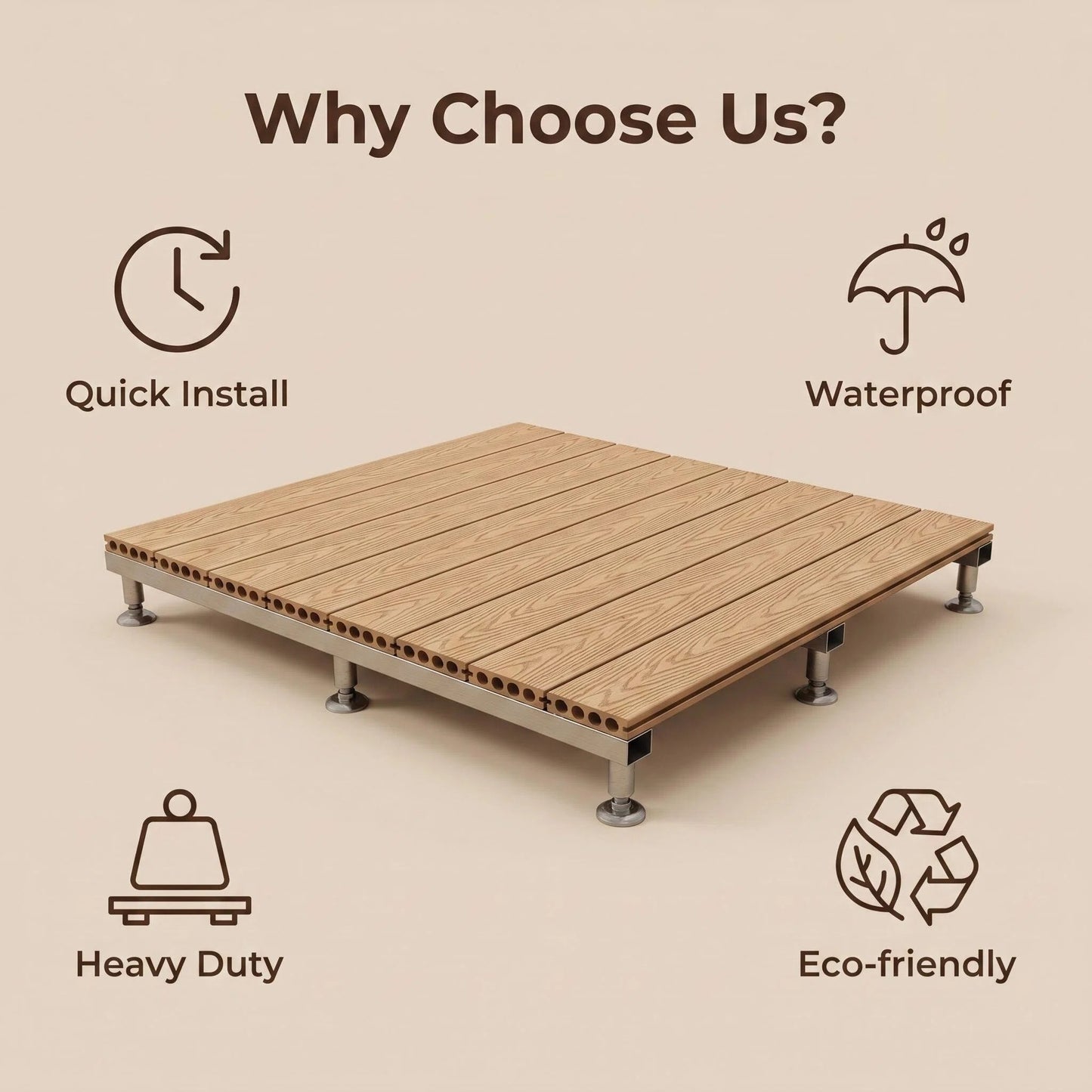 Premium WPC Outdoor Decking Boards with Adjustable Pedestal Supports, Quick-Install Patio Deck System