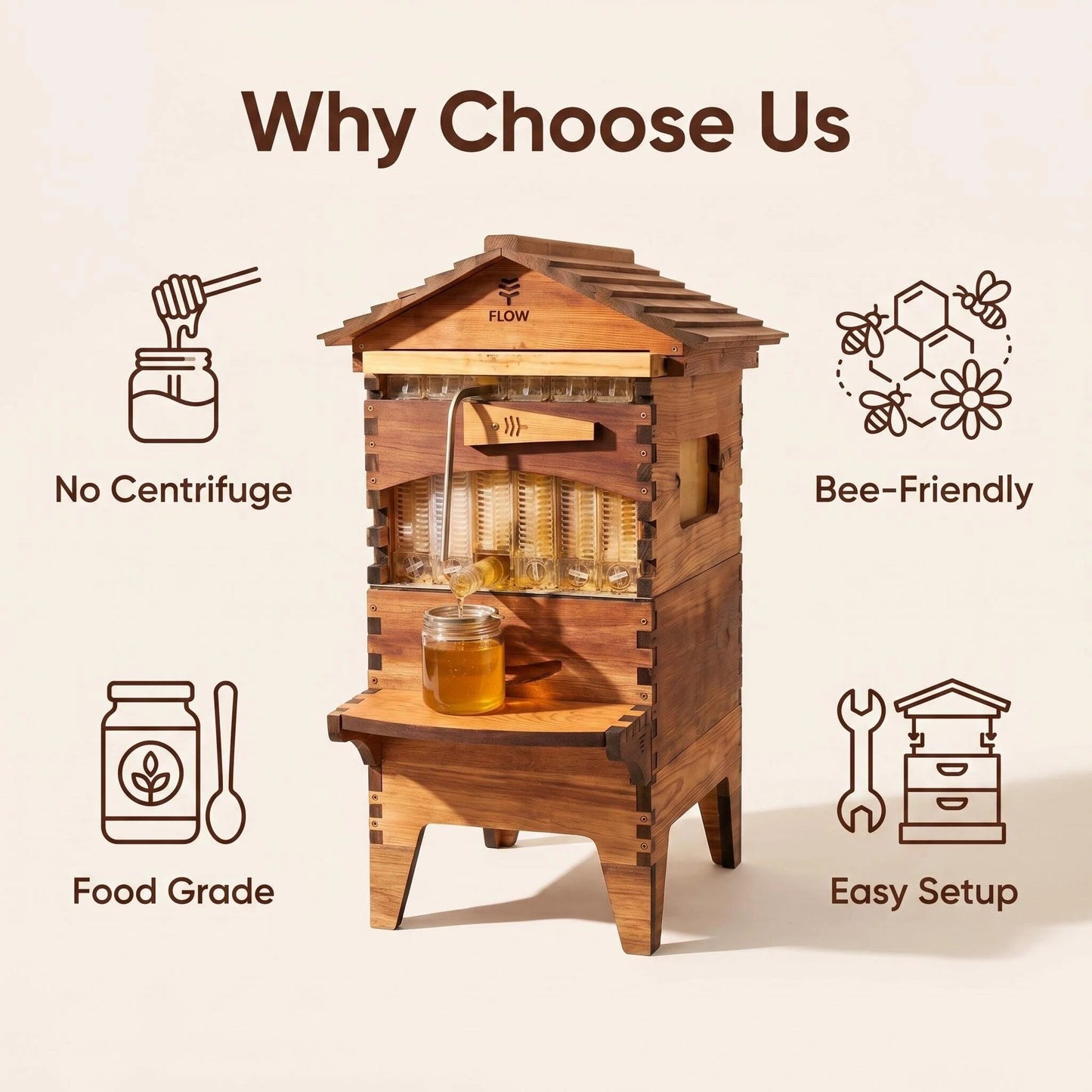 Pure Flow Wooden Beehive, Self-Harvest Honey Flow Hive Box for Backyard Beekeeping