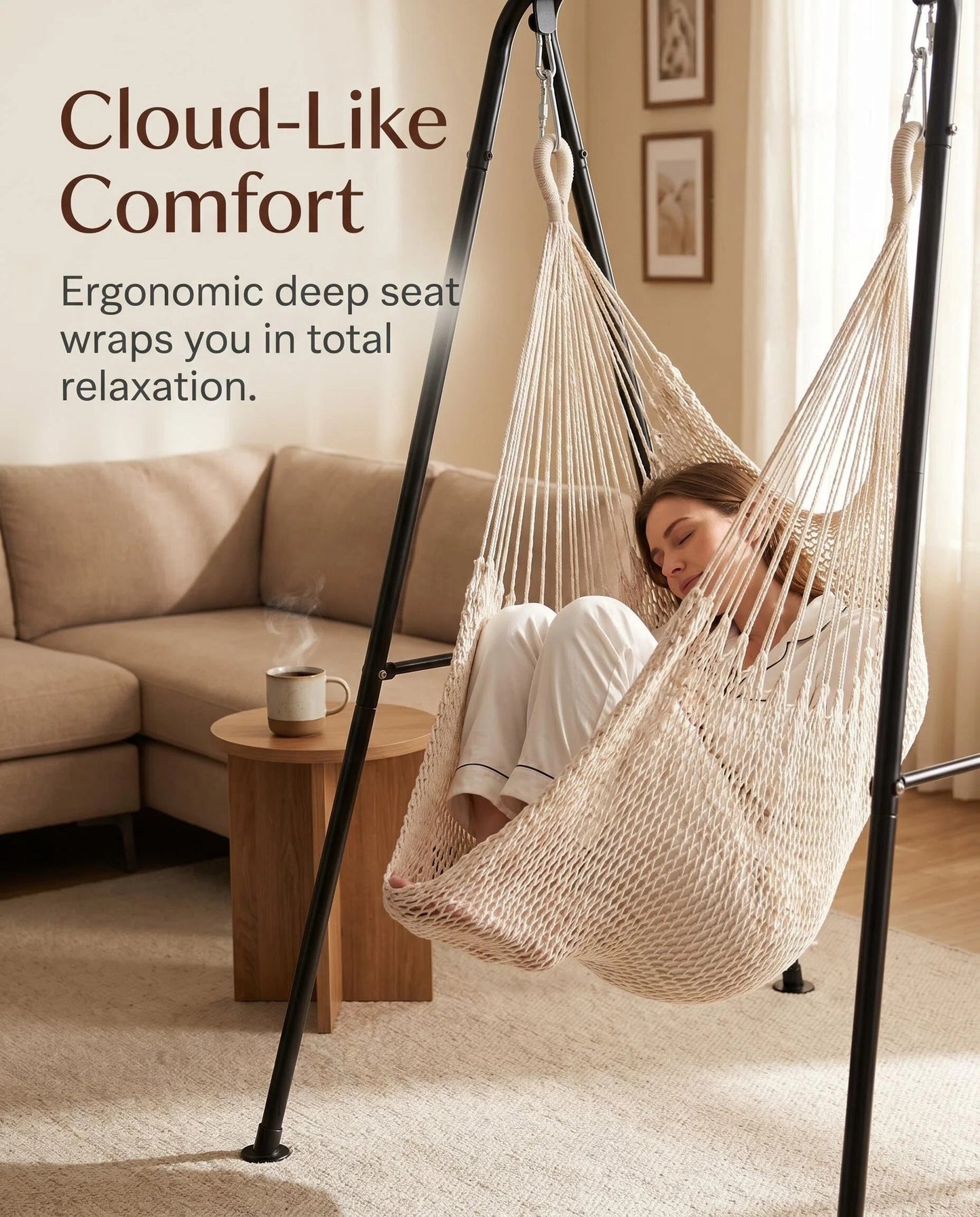 Freestanding Macrame Hammock Chair with Stand, Indoor/Outdoor Hanging Swing Chair