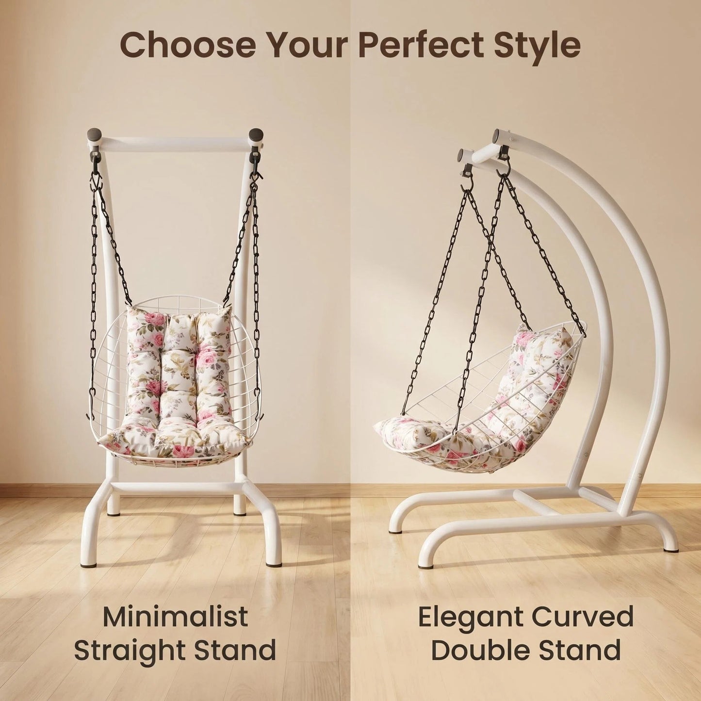 Freestanding Egg Swing Chair with Floral Cushion, Indoor/Outdoor Hanging Hammock Chair