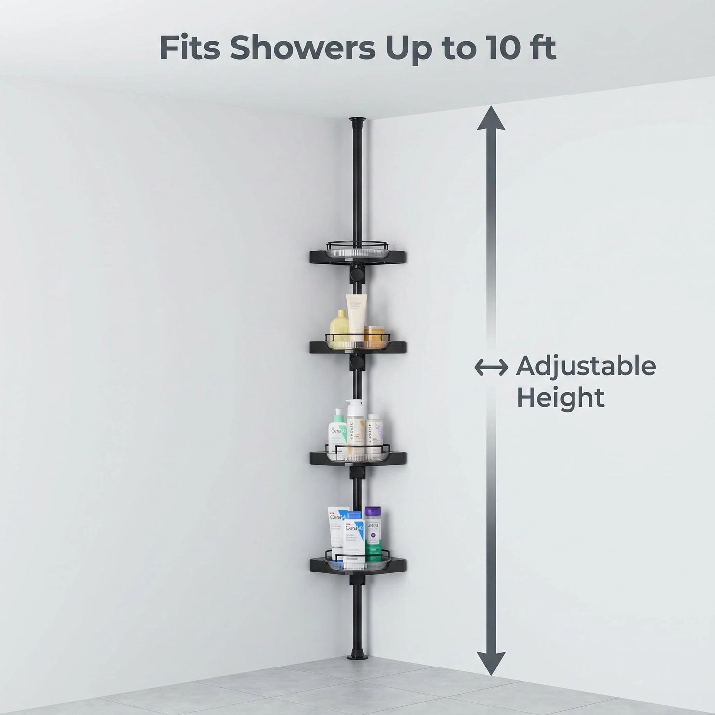 4-Tier Tension Corner Shower Caddy, Adjustable Pole Bathroom Storage Organizer