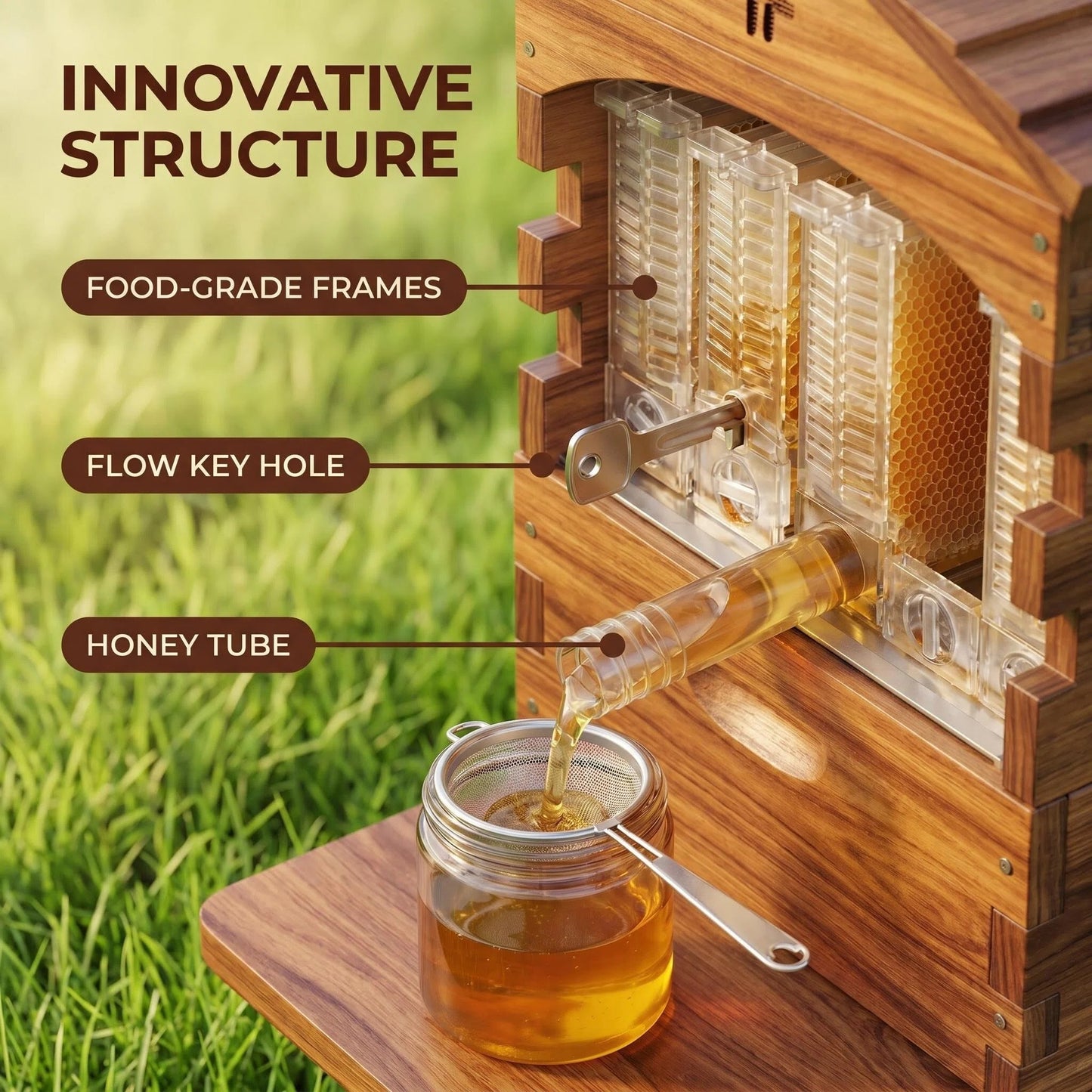Pure Flow Wooden Beehive, Self-Harvest Honey Flow Hive Box for Backyard Beekeeping