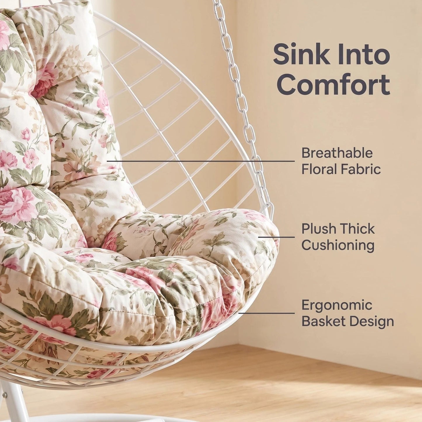 Freestanding Egg Swing Chair with Floral Cushion, Indoor/Outdoor Hanging Hammock Chair