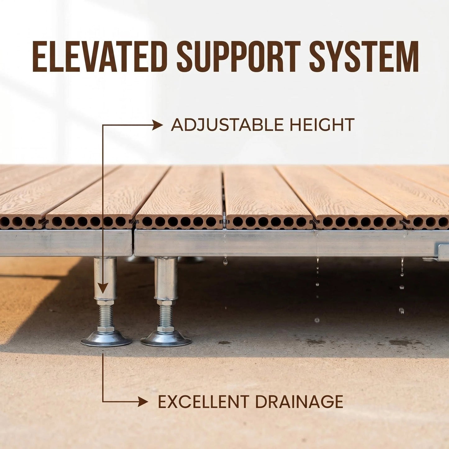 Premium WPC Outdoor Decking Boards with Adjustable Pedestal Supports, Quick-Install Patio Deck System