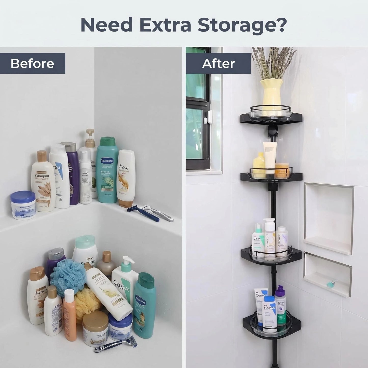 4-Tier Tension Corner Shower Caddy, Adjustable Pole Bathroom Storage Organizer