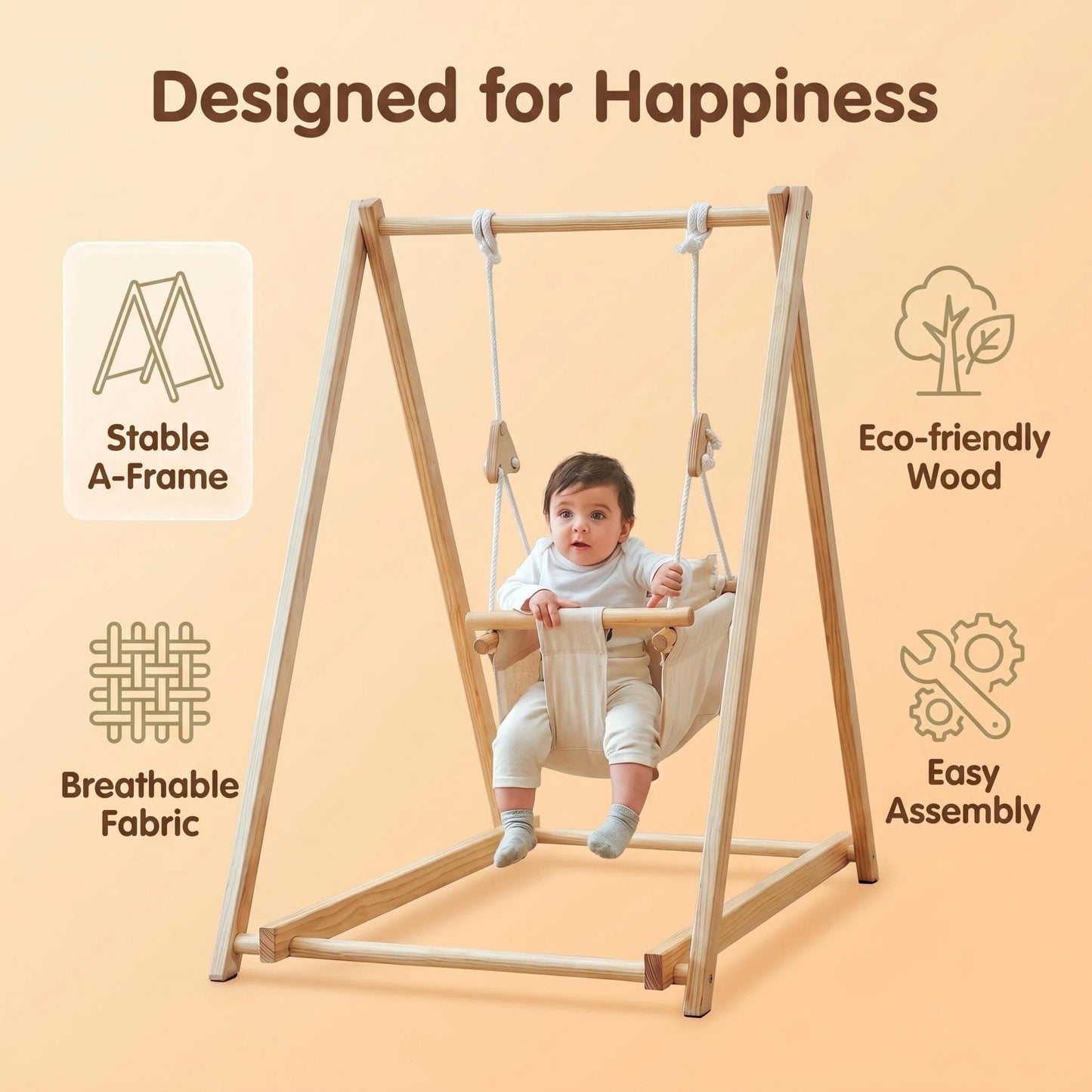 Wooden Baby Swing with Stand, Indoor Toddler Swing Set for Infants & Babies