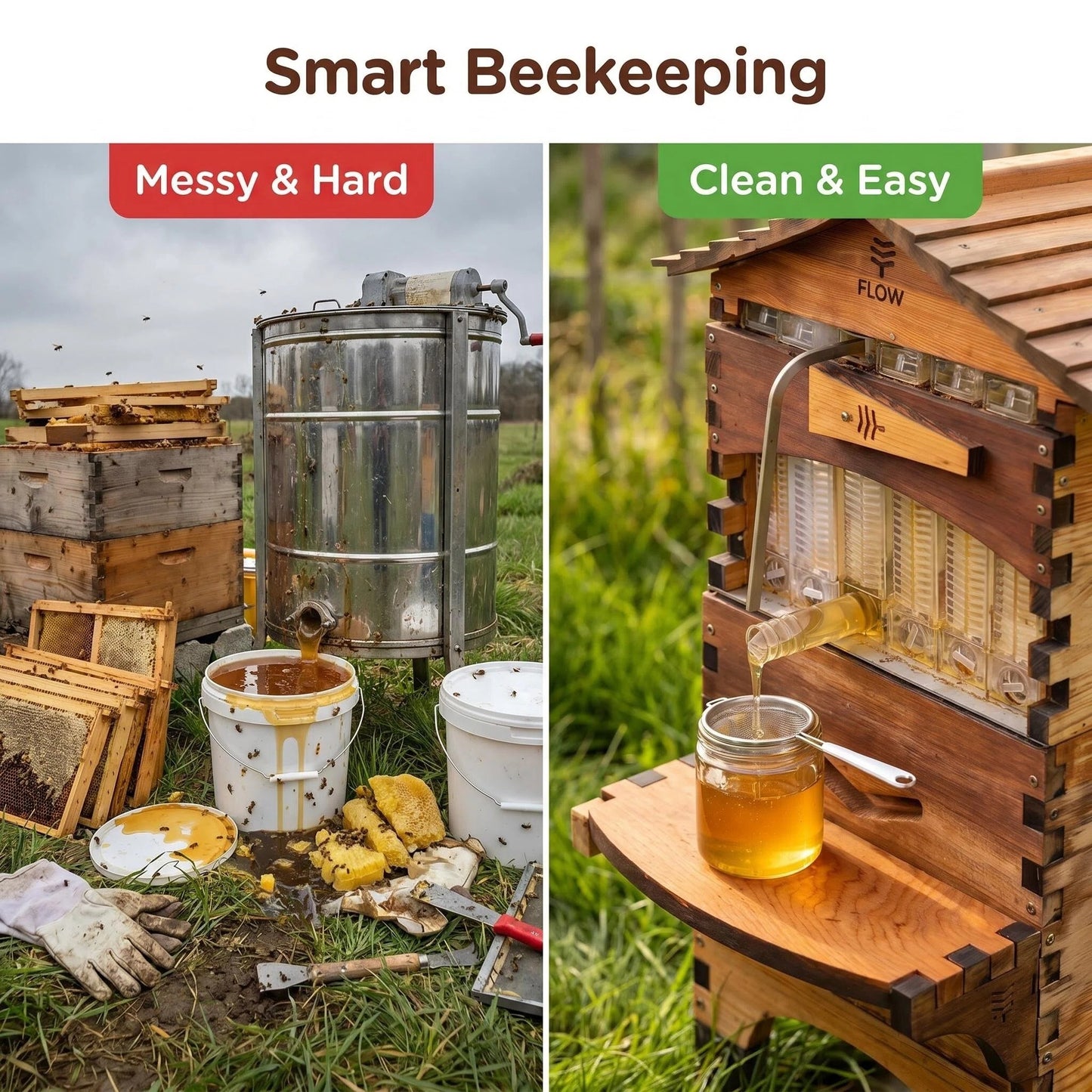 Pure Flow Wooden Beehive, Self-Harvest Honey Flow Hive Box for Backyard Beekeeping